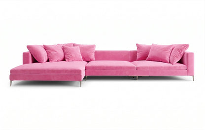 Sillón esquinero Florence tapizado en pana antimanchas color Chicle, sofá en L con chaise longue
