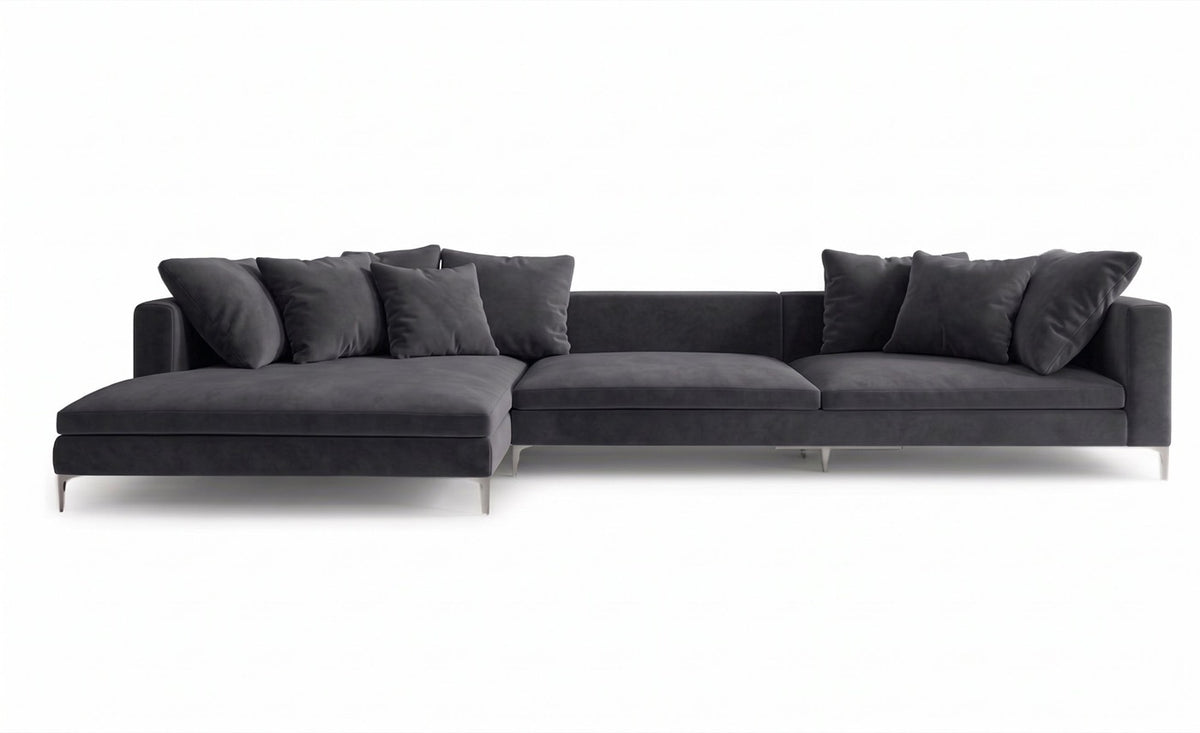 Sillón esquinero Florence tapizado en pana antimanchas color Grafito, sofá en L con chaise longue