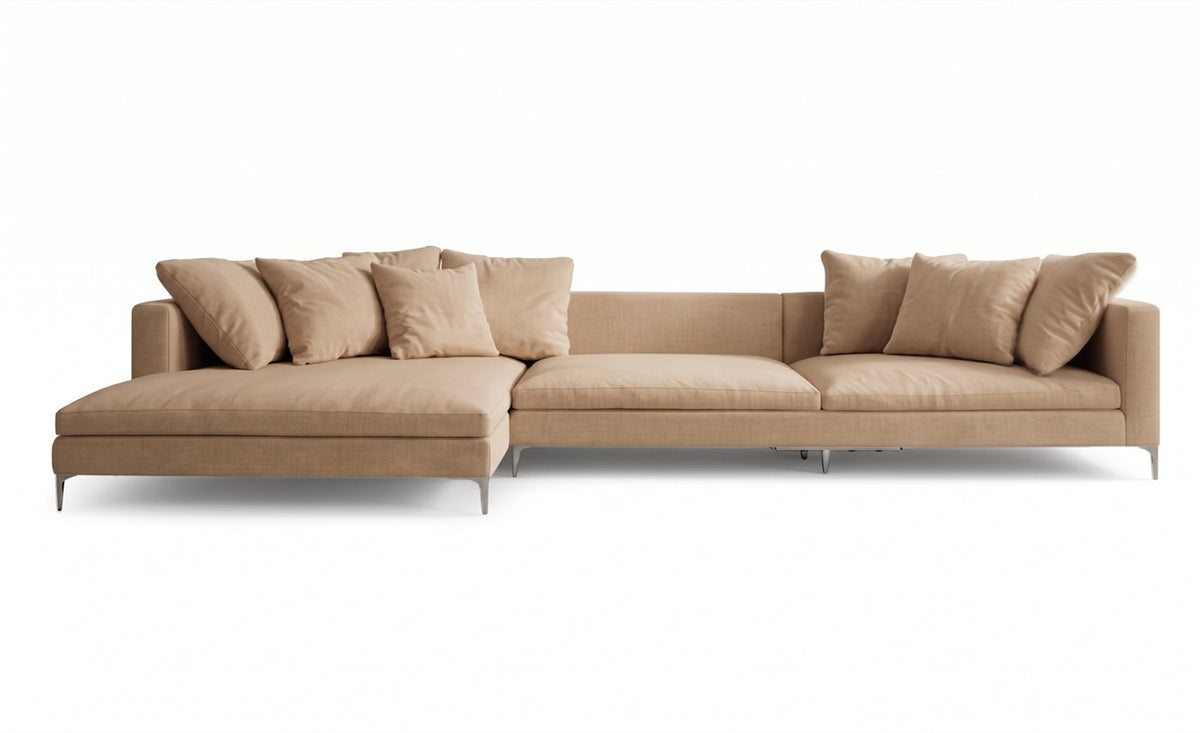 Sillón esquinero Florence tapizado en pana antimanchas color Latte, sofá en L con chaise longue