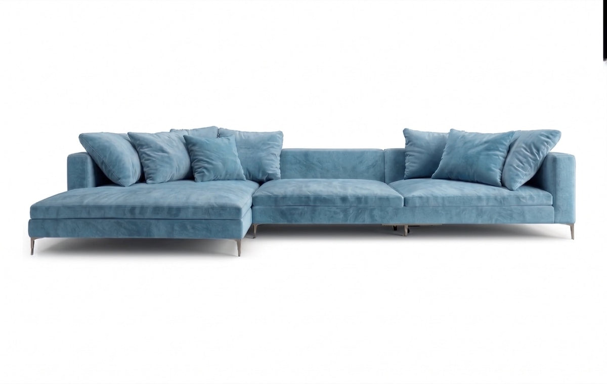 Sillón esquinero Florence tapizado en pana antimanchas color Océano, sofá en L con chaise longue