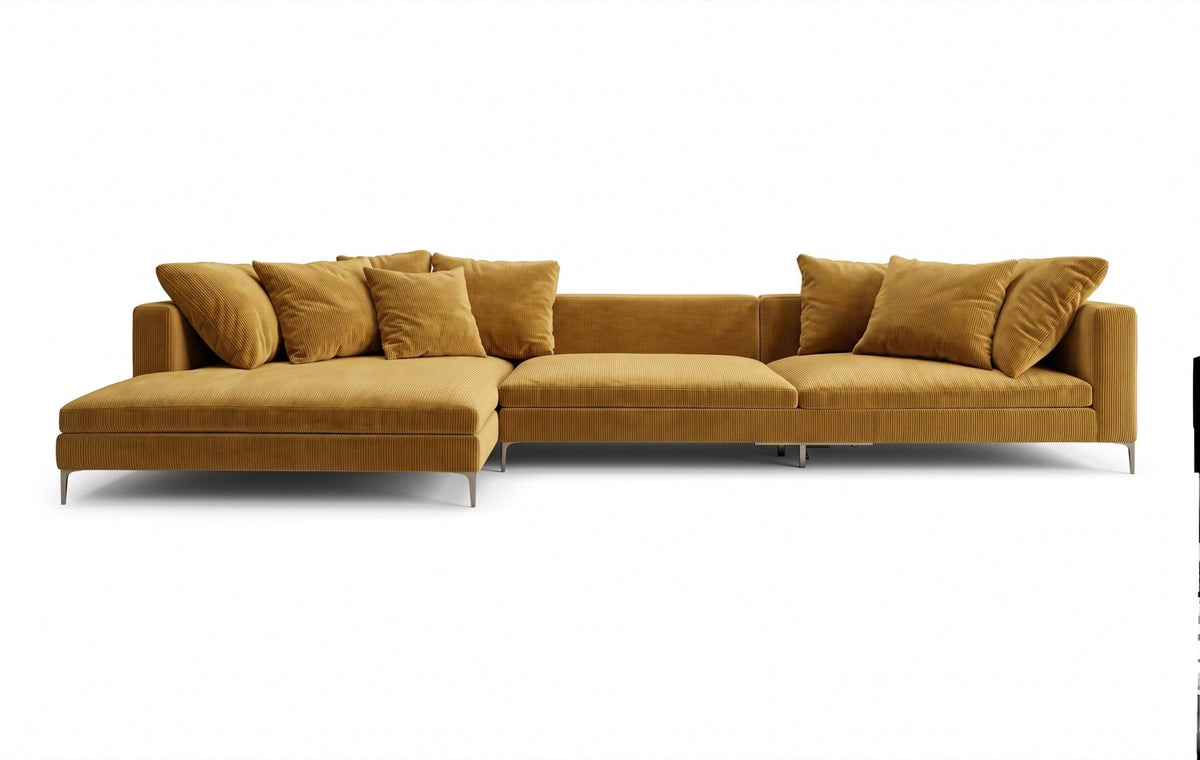 Sillón esquinero Florence tapizado en pana antimanchas color Oro, sofá en L con chaise longue