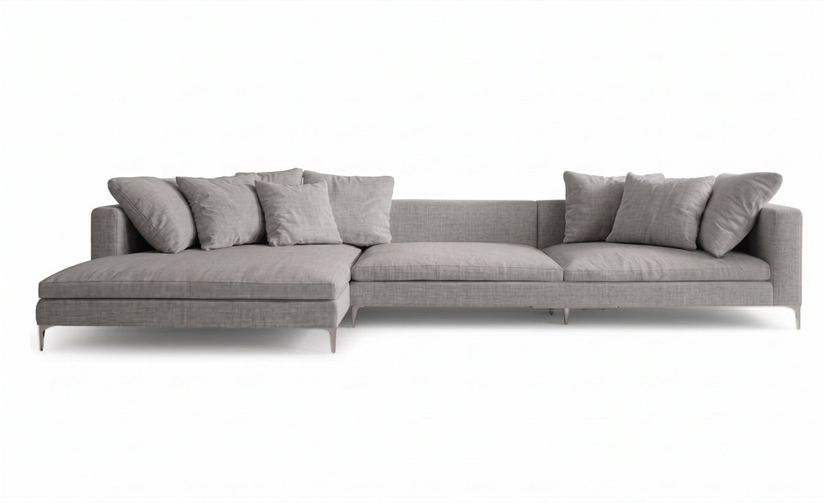 Sillón esquinero Florence tapizado en pana antimanchas color Plata, sofá en L con chaise longue