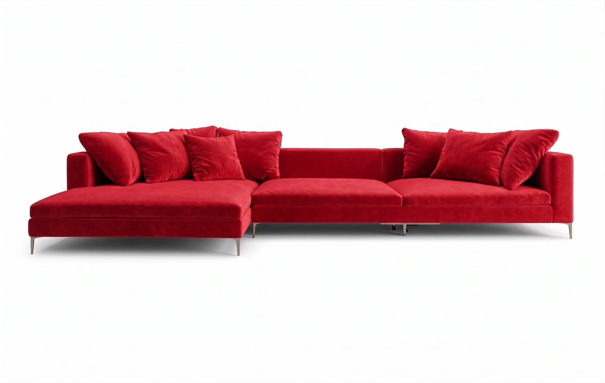 Sillón esquinero Florence tapizado en pana antimanchas color Rojo, sofá en L con chaise longue