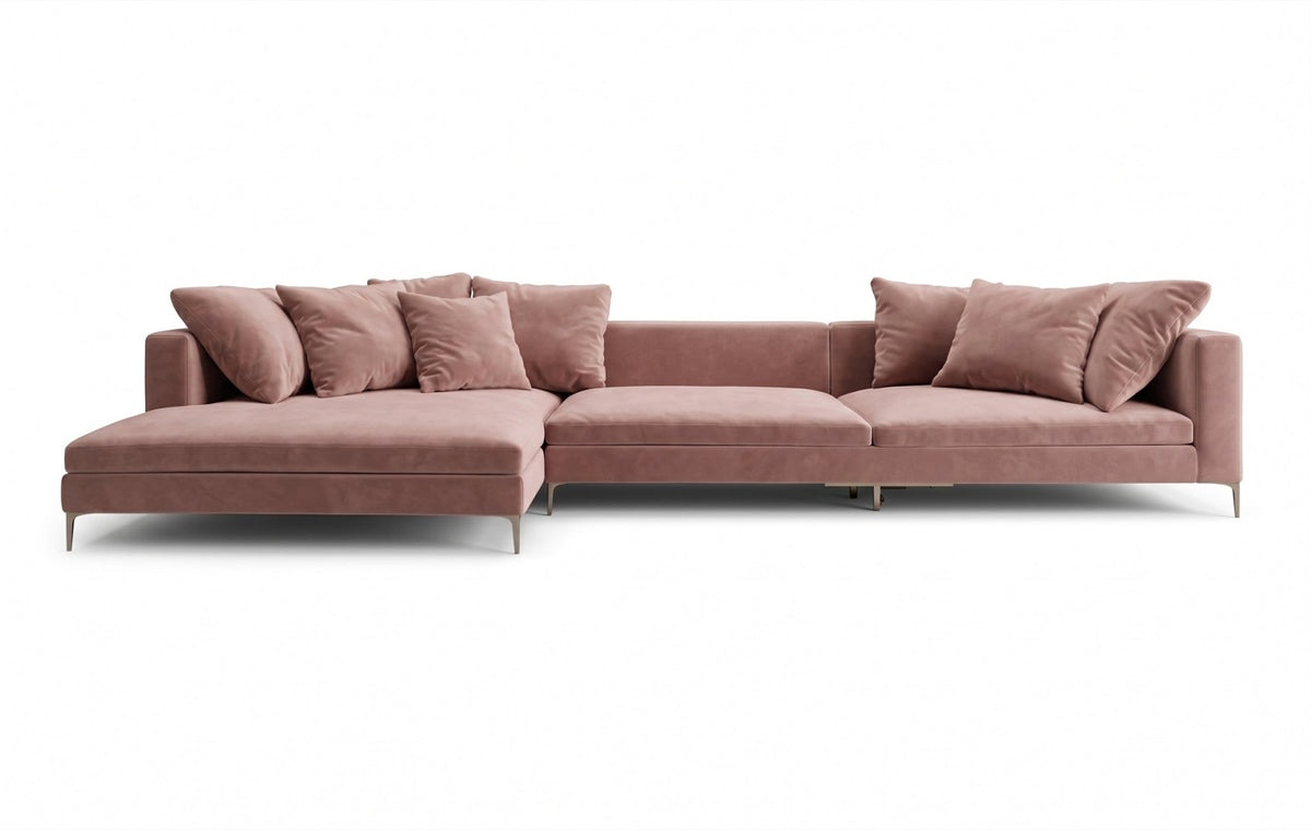 Sillón esquinero Florence tapizado en pana antimanchas color Rosa, sofá en L con chaise longue