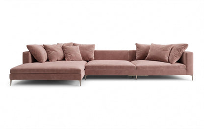 Sillón esquinero Florence tapizado en pana antimanchas color Rosa, sofá en L con chaise longue
