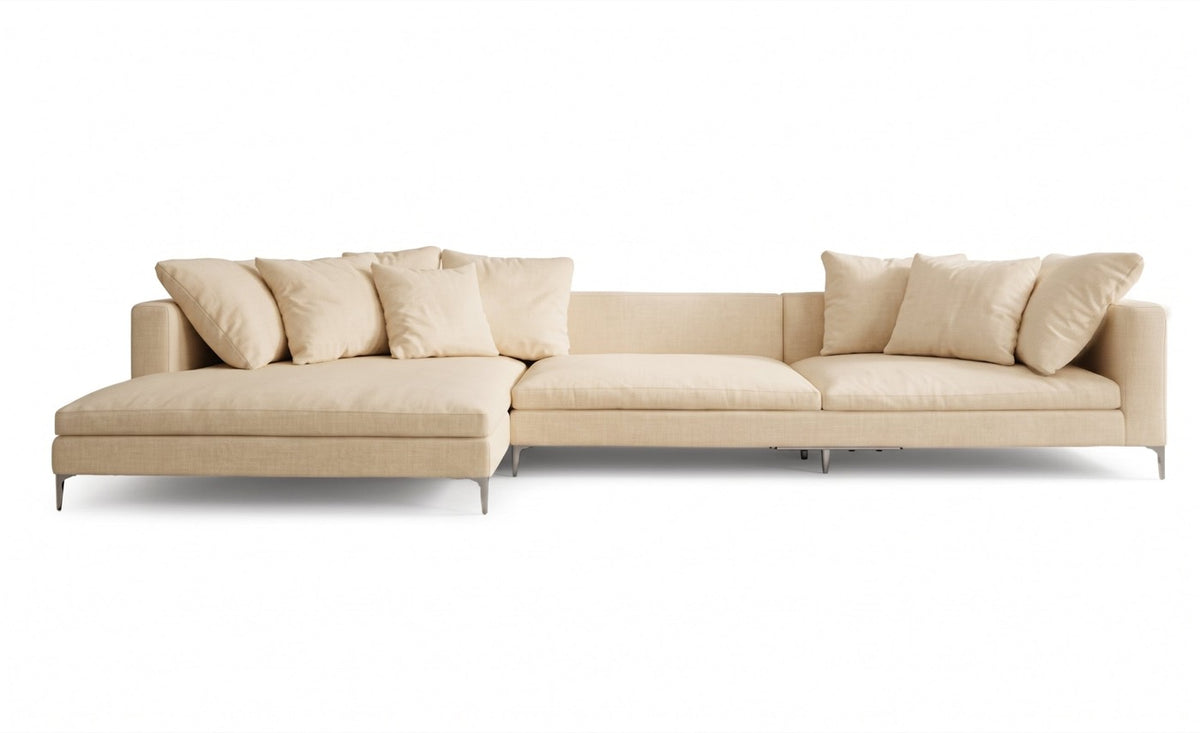 Sillón esquinero Florence tapizado en pana antimanchas color Vainilla, sofá en L con chaise longue