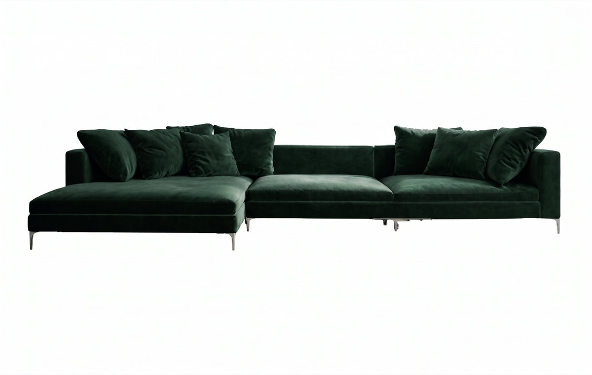 Sillón esquinero Florence tapizado en pana antimanchas color Verde inglés, sofá en L con chaise longue