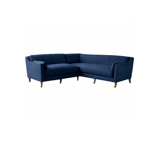 Sillón esquinero Leonelle de diseño refinado, sofá en L azul con patas de madera – Tienda de Banquitos