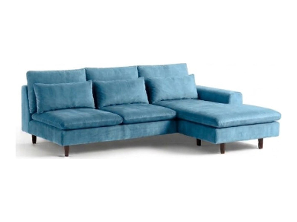 Sillón esquinero Leticia tapizado en pana antimanchas color Océano, sofá en L con chaise longue