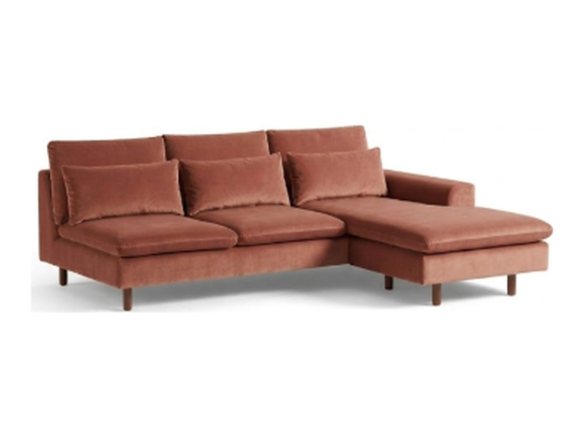 Sillón esquinero Leticia tapizado en pana antimanchas color Rosa, sofá en L con chaise longue