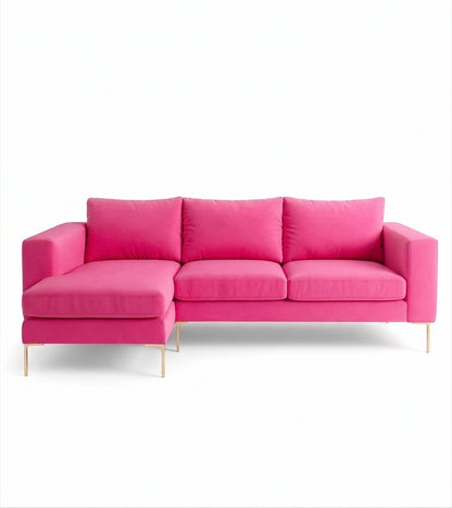Sillón esquinero Magnolia tapizado en pana antimanchas color Chicle, sofá en L con chaise longue