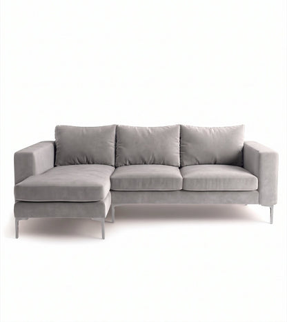 Sillón esquinero Magnolia tapizado en pana antimanchas color Plata, sofá en L con chaise longue