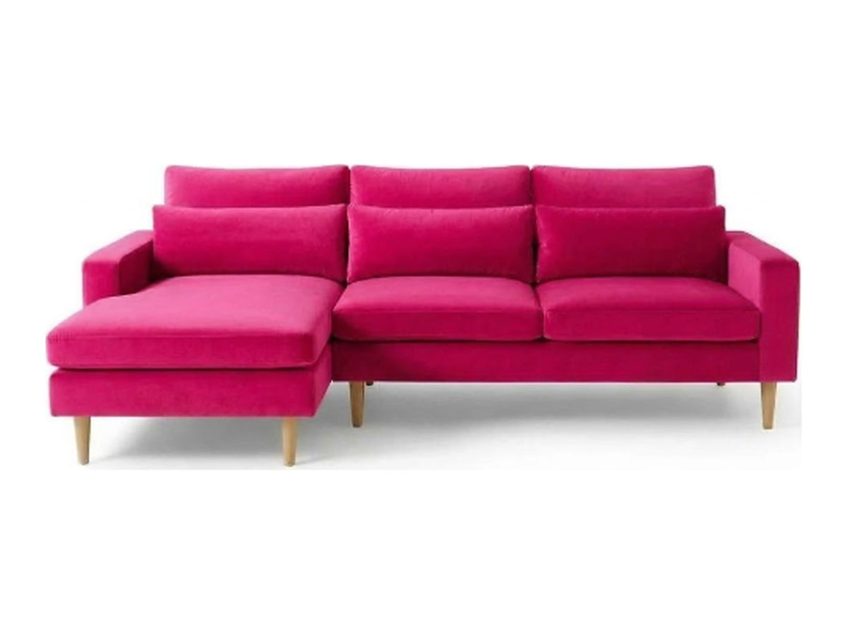 Sillón esquinero Mirror tapizado en pana antimanchas color Chicle, sofá en L con chaise longue