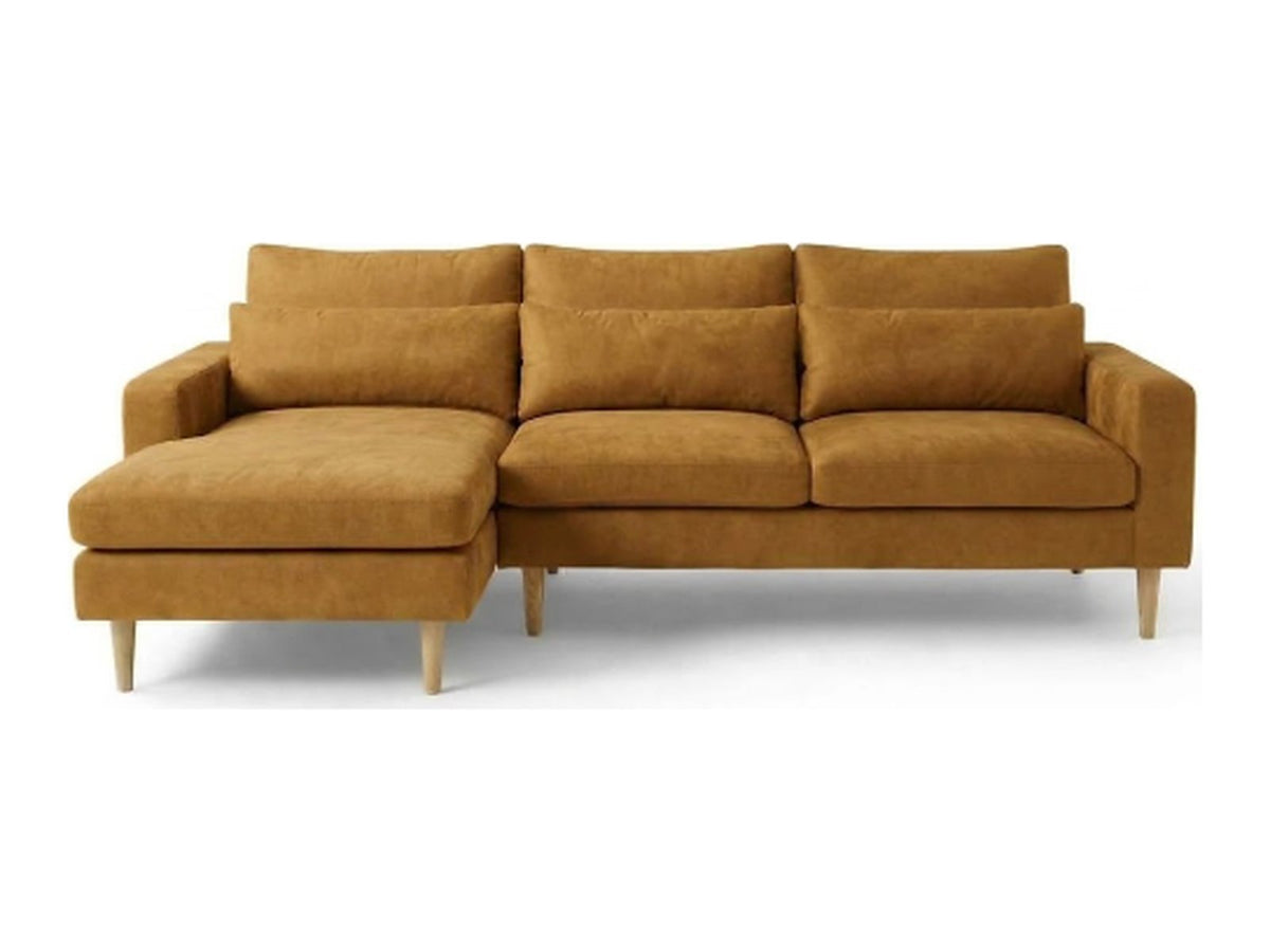 Sillón esquinero Mirror tapizado en pana antimanchas color Gamuza, sofá en L con chaise longue