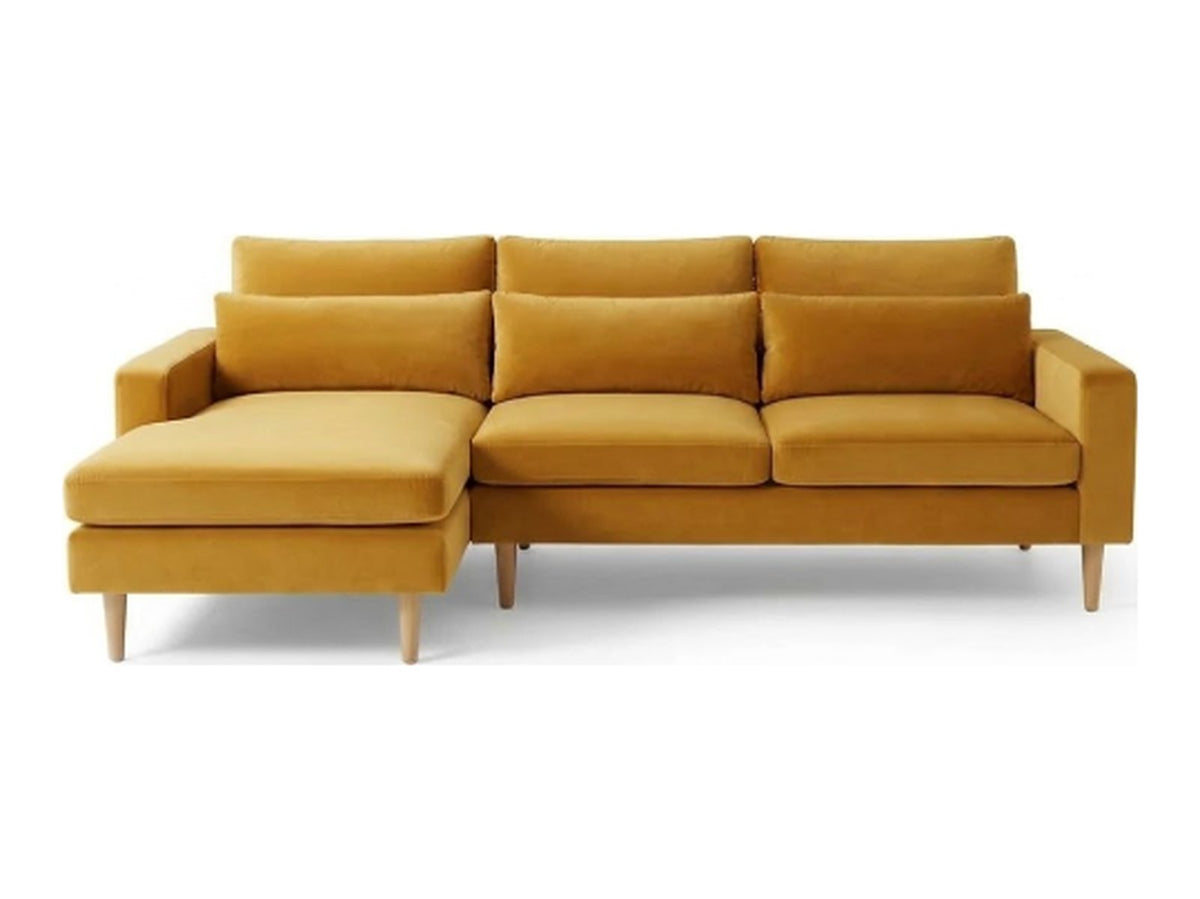 Sillón esquinero Mirror tapizado en pana antimanchas color Oro, sofá en L con chaise longue