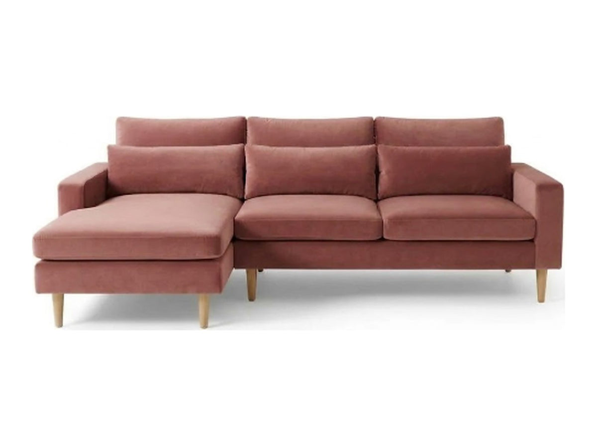 Sillón esquinero Mirror tapizado en pana antimanchas color Rosa, sofá en L con chaise longue