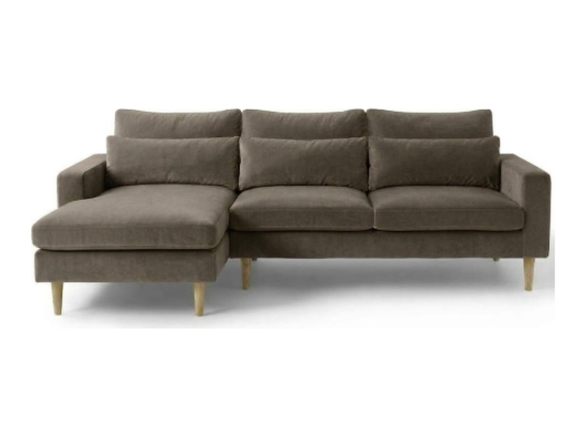 Sillón esquinero Mirror tapizado en pana antimanchas color Stone, sofá en L con chaise longue