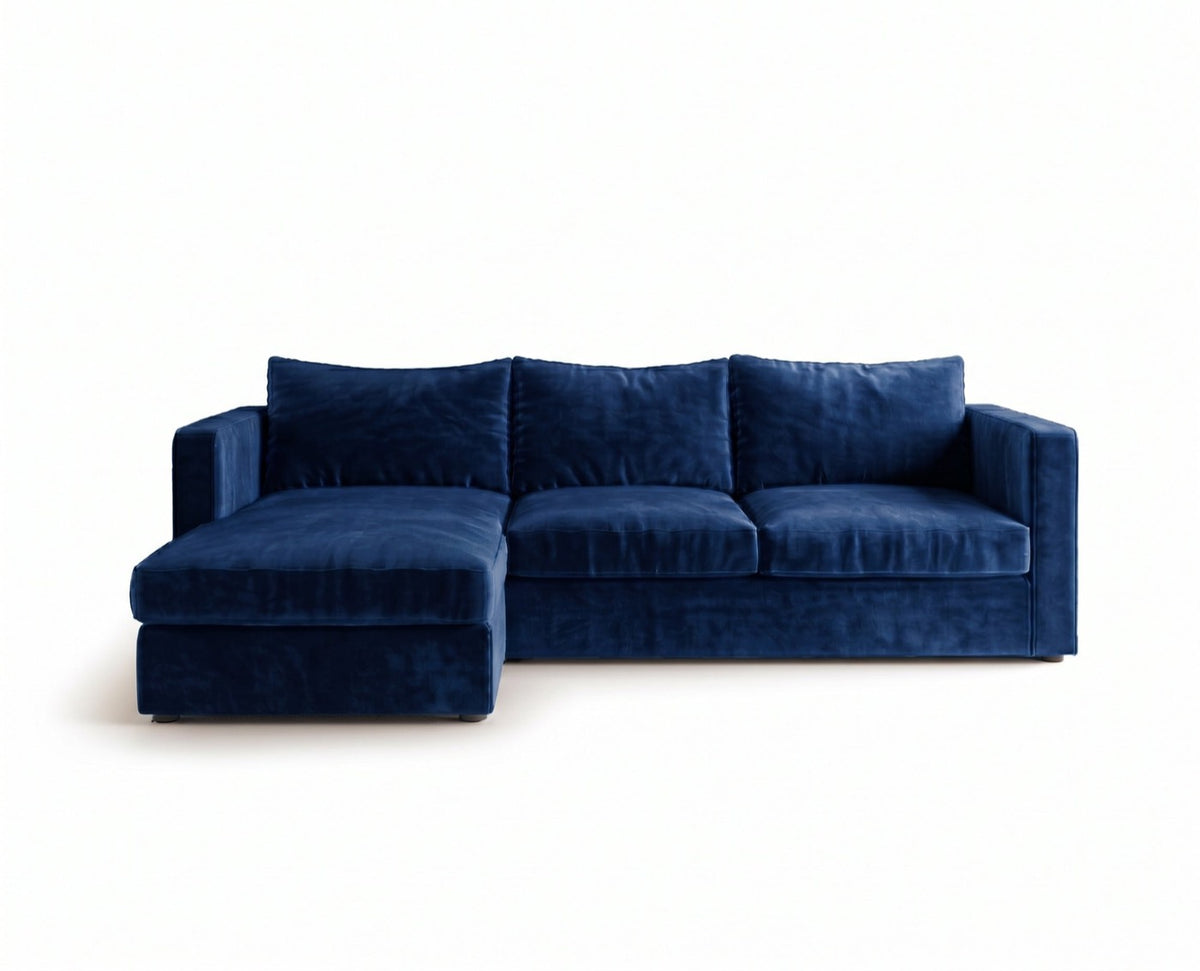 Sillón esquinero Richard tapizado en pana antimanchas color Azul, sofá en L con chaise longue