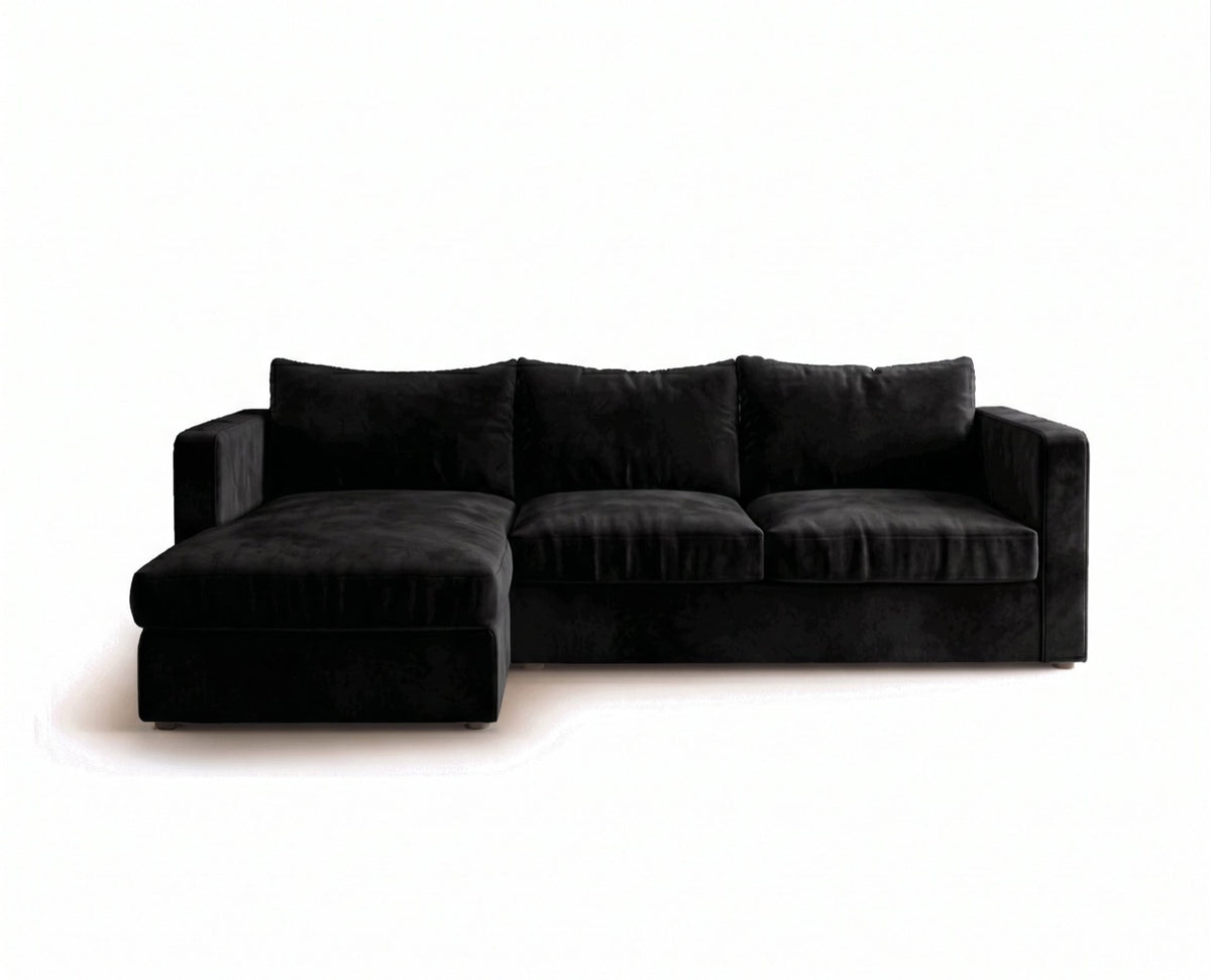 Sillón esquinero Richard tapizado en pana antimanchas color Black, sofá en L con chaise longue