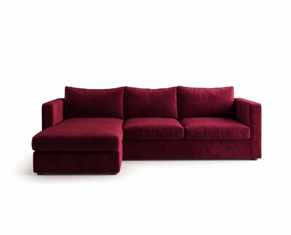 Sillón esquinero Richard tapizado en pana antimanchas color Bordó, sofá en L con chaise longue