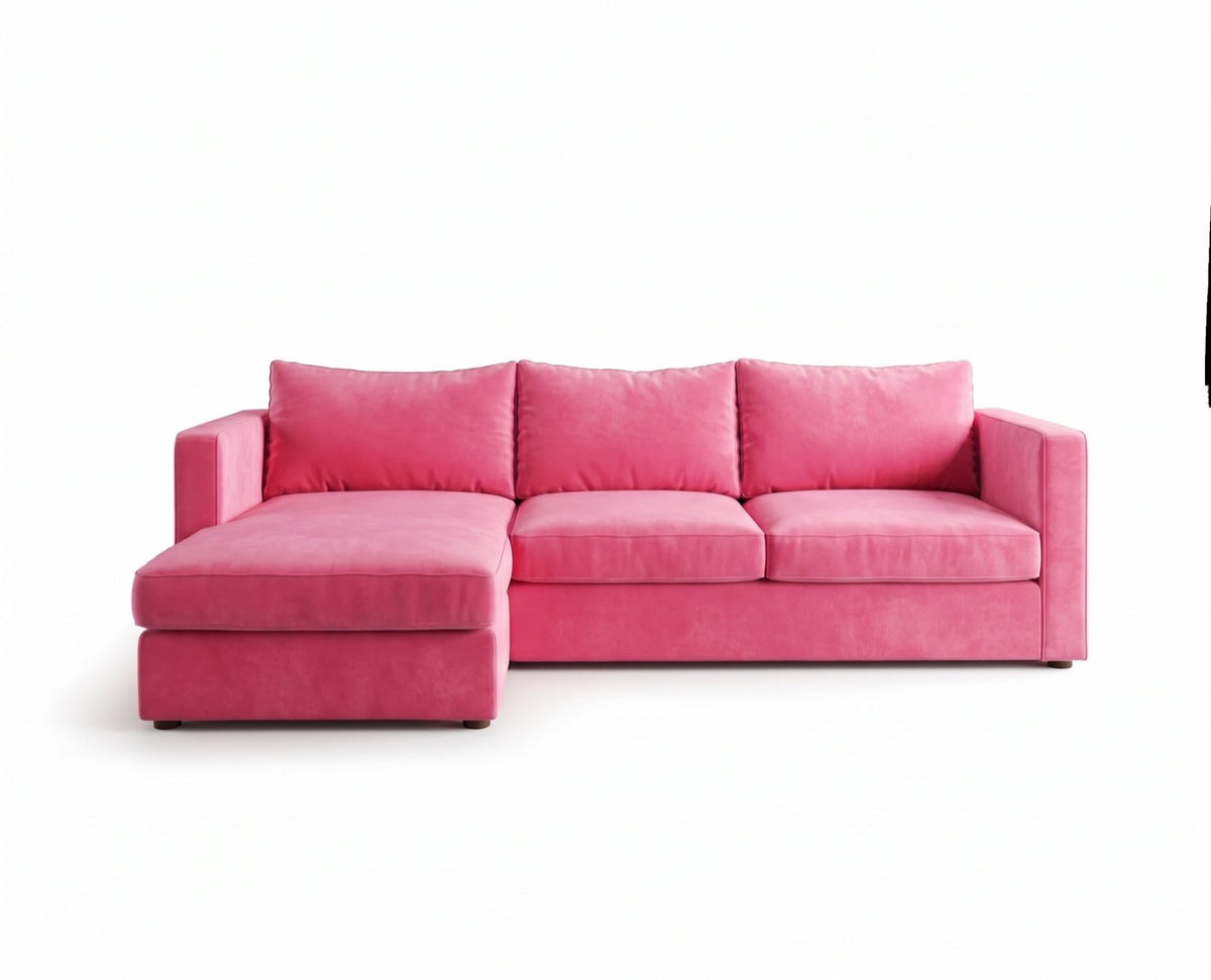 Sillón esquinero Richard tapizado en pana antimanchas color Chicle, sofá en L con chaise longue