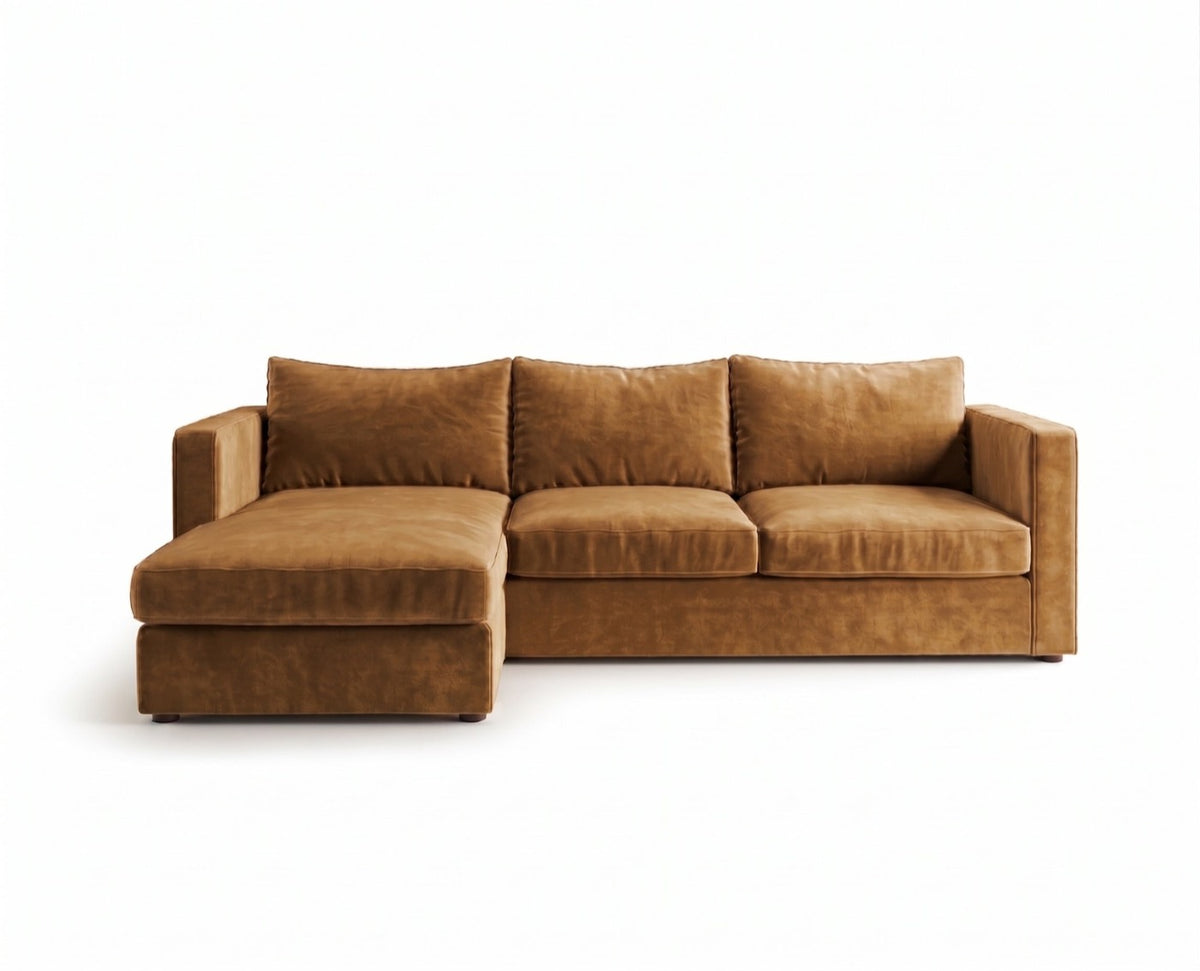 Sillón esquinero Richard tapizado en pana antimanchas color Gamuza, sofá en L con chaise longue