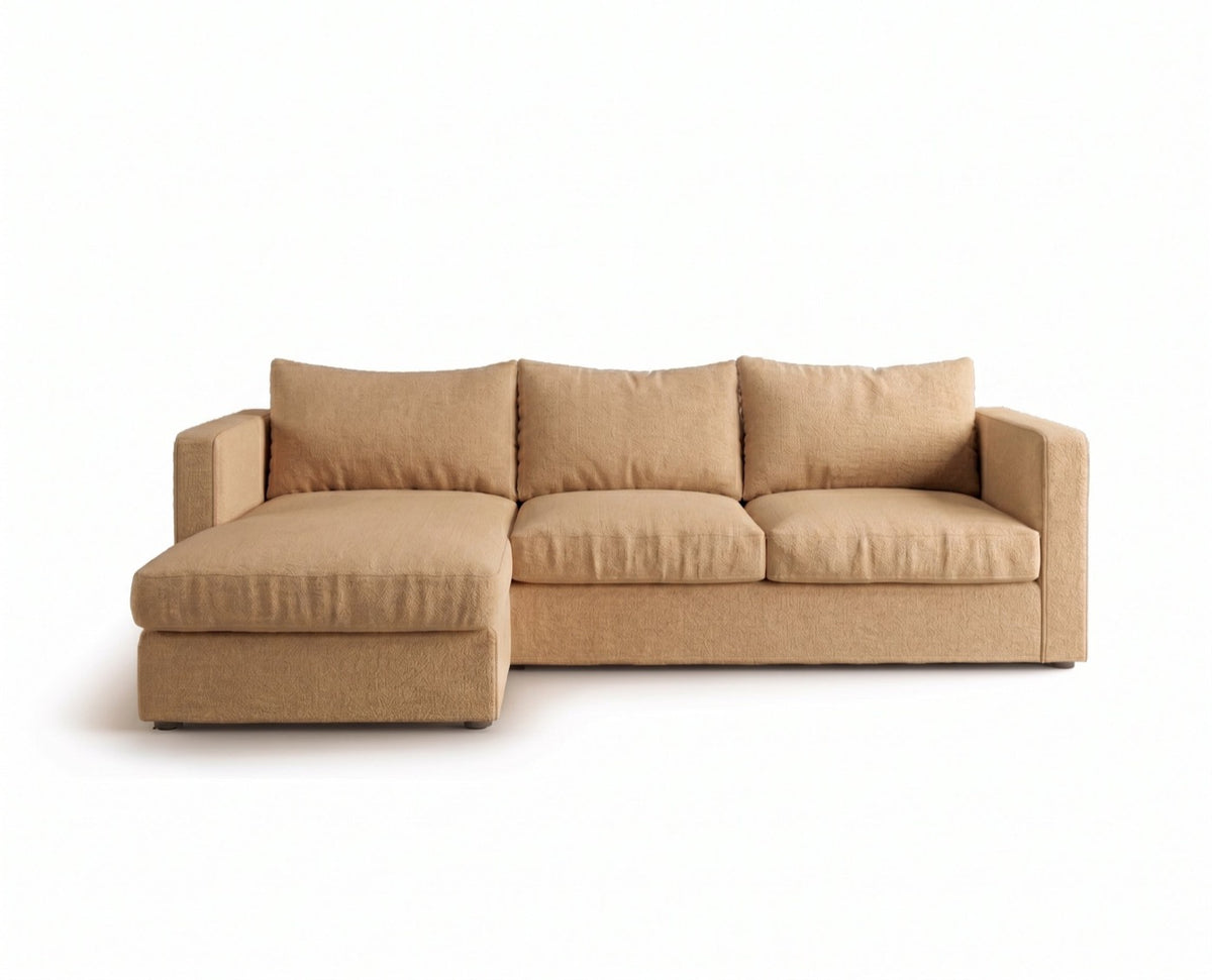 Sillón esquinero Richard tapizado en pana antimanchas color Latte, sofá en L con chaise longue
