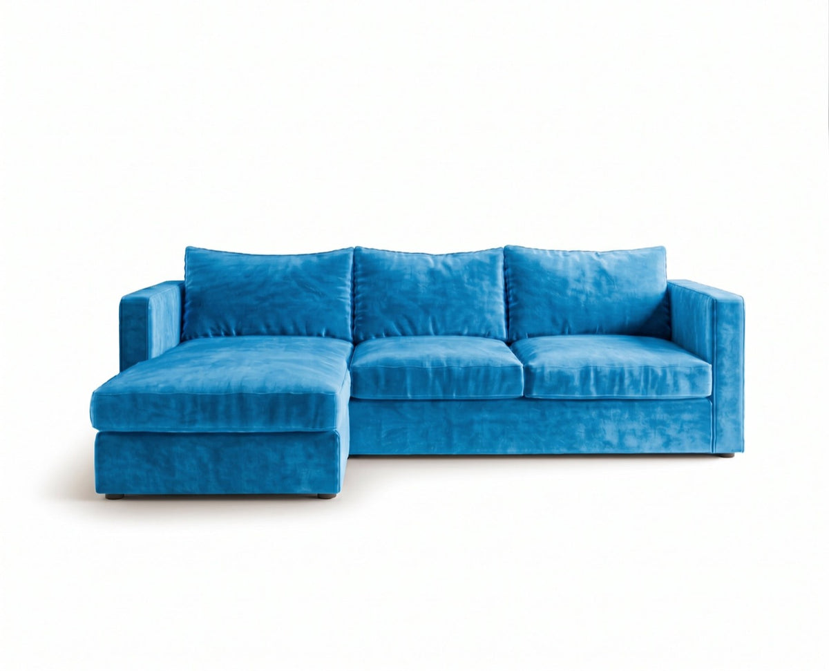Sillón esquinero Richard tapizado en pana antimanchas color Océano, sofá en L con chaise longue