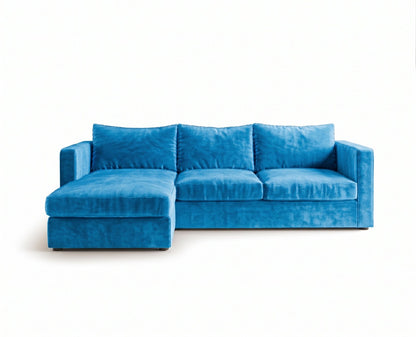 Sillón esquinero Richard tapizado en pana antimanchas color Océano, sofá en L con chaise longue