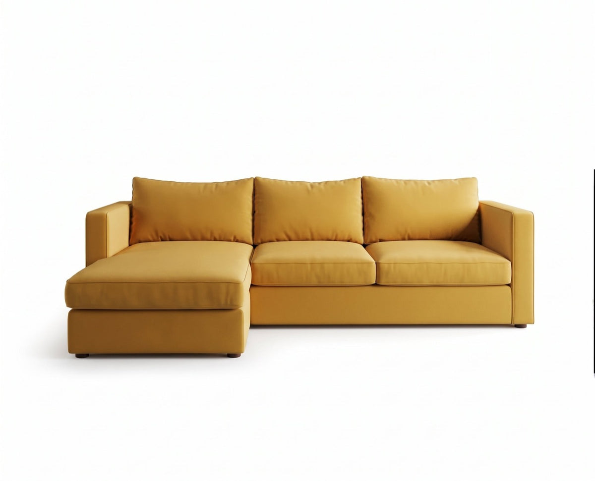Sillón esquinero Richard tapizado en pana antimanchas color Oro, sofá en L con chaise longue