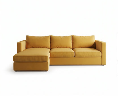 Sillón esquinero Richard tapizado en pana antimanchas color Oro, sofá en L con chaise longue