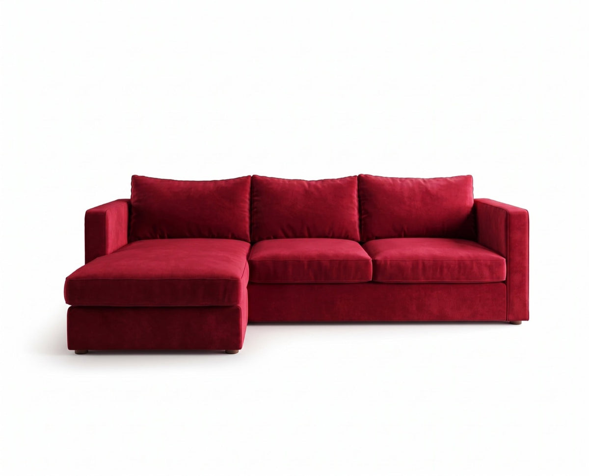 Sillón esquinero Richard tapizado en pana antimanchas color Rojo, sofá en L con chaise longue