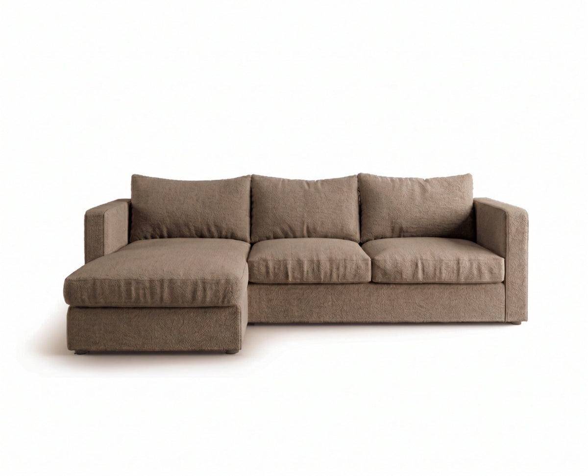 Sillón esquinero Richard tapizado en pana antimanchas color Stone, sofá en L con chaise longue