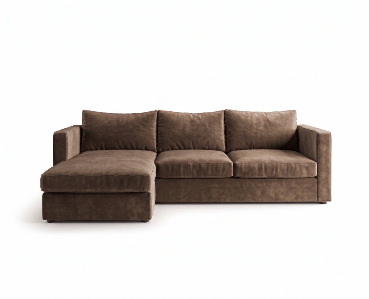 Sillón esquinero Richard tapizado en pana antimanchas color Suela, sofá en L con chaise longue