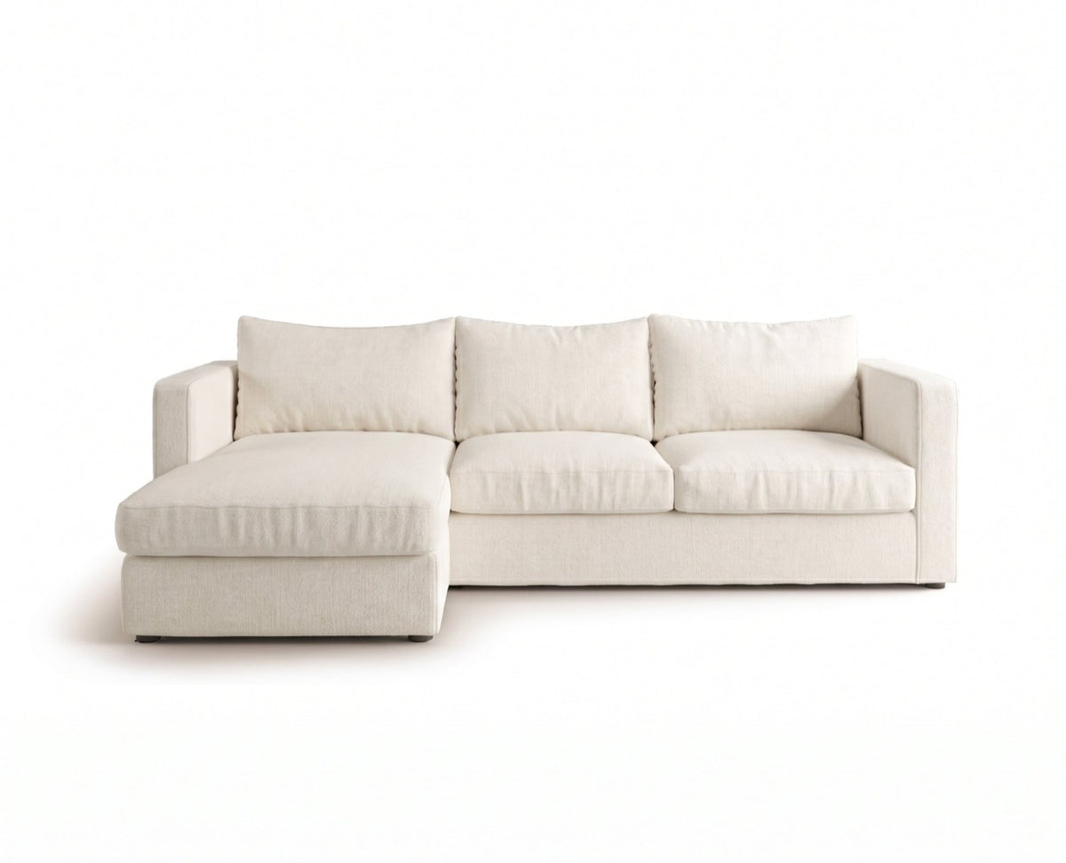 Sillón esquinero Richard tapizado en pana antimanchas color Tiza, sofá en L con chaise longue
