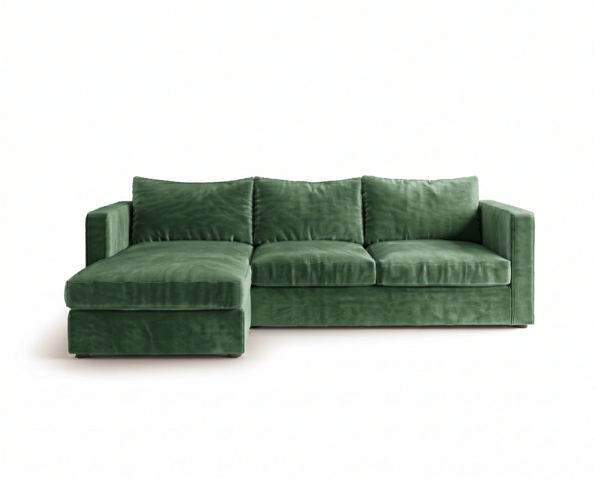 Sillón esquinero Richard tapizado en pana antimanchas color Verde inglés, sofá en L con chaise longue