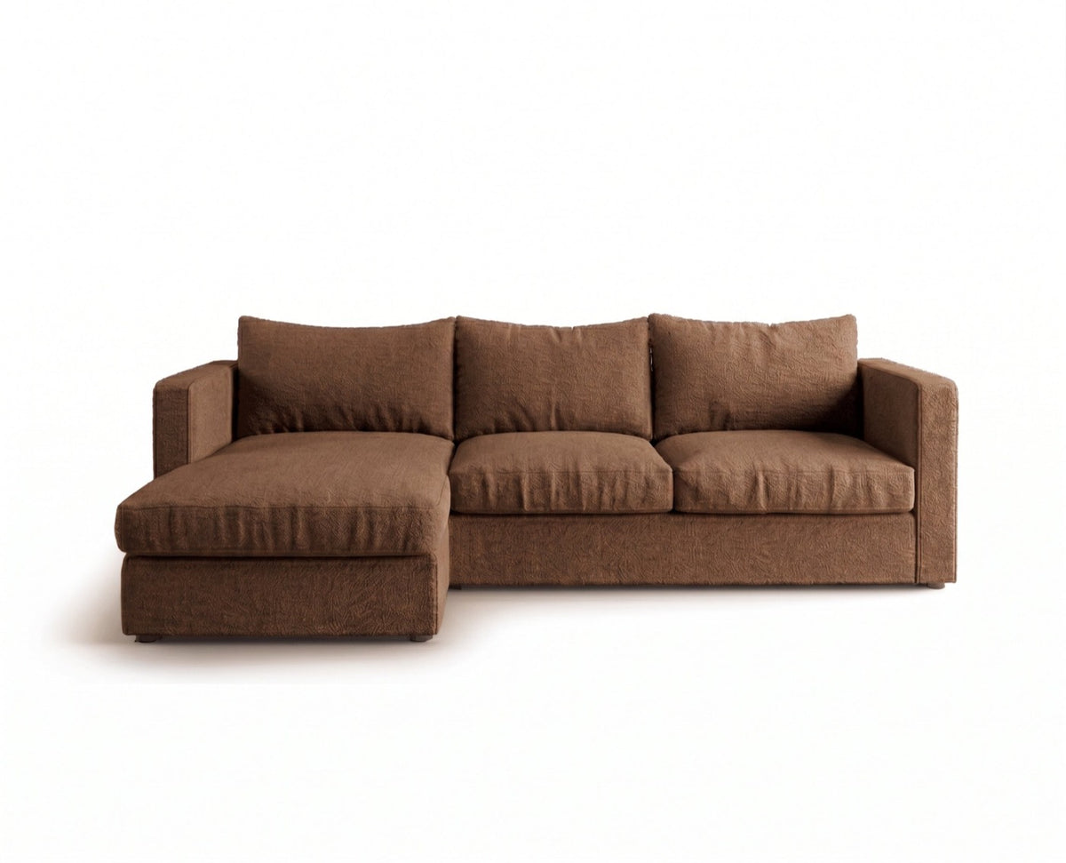 Sillón esquinero Richard tapizado en pana antimanchas color Visón, sofá en L con chaise longue