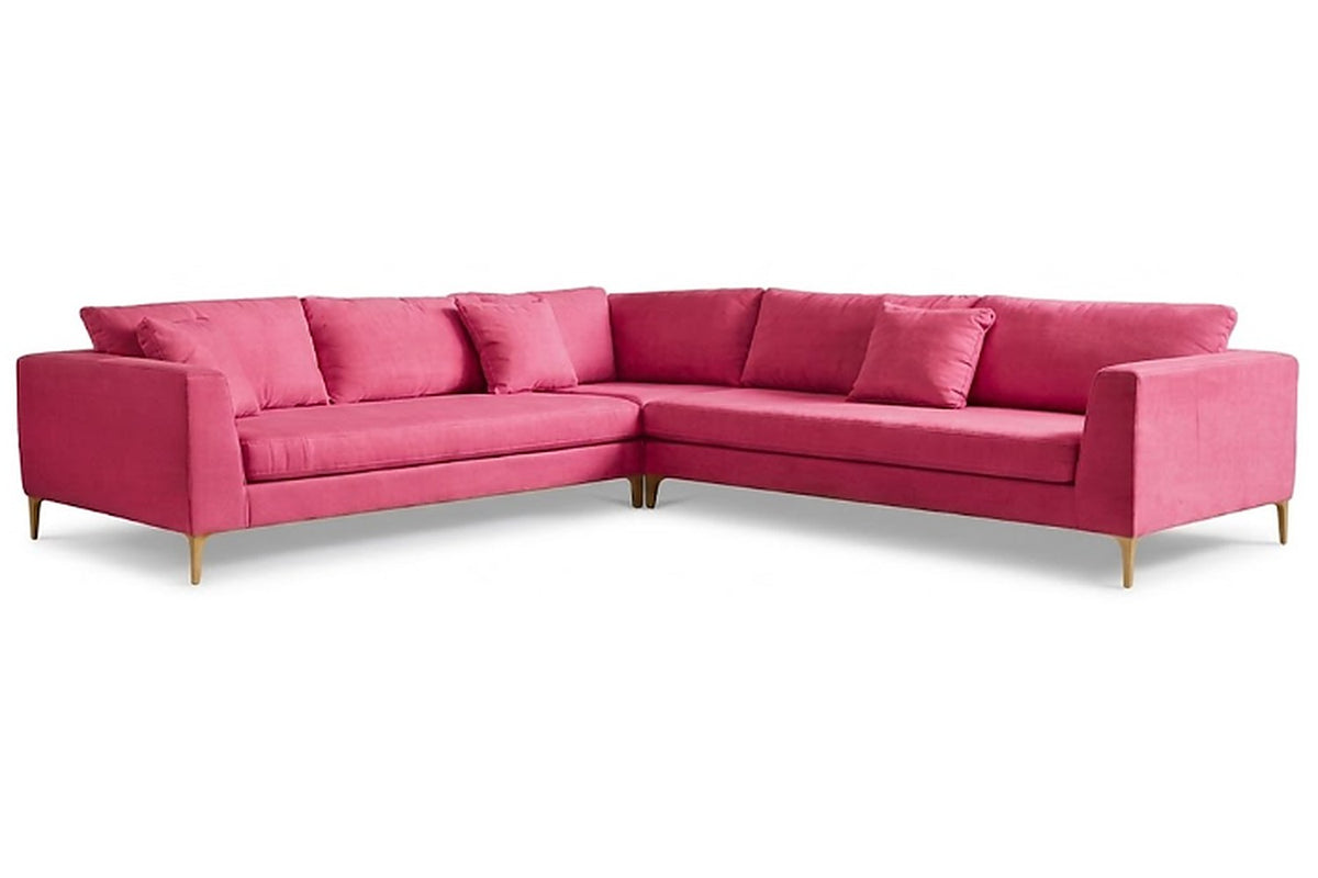 Sillón esquinero Rosaura tapizado en pana antimanchas color Chicle, sofá en L con chaise longue