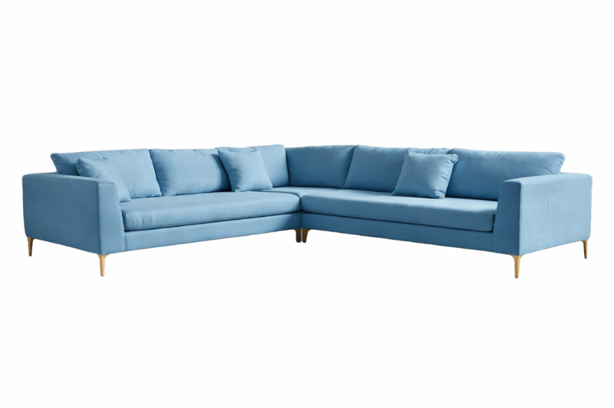 Render del Sillón esquinero Rosaura celeste con patas doradas, sobre fondo blanco