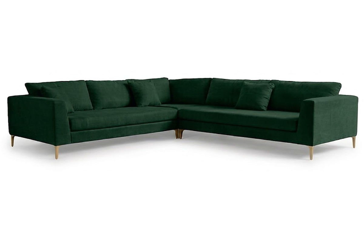 Sillón esquinero Rosaura tapizado en pana antimanchas color Verde inglés, sofá en L con chaise longue