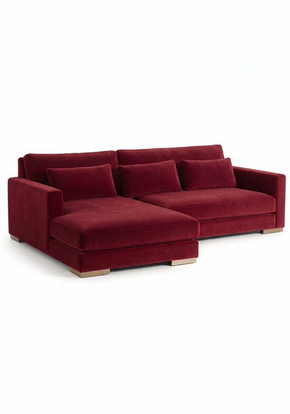 Sillón esquinero Steven tapizado en pana antimanchas color Bordó, sofá en L con chaise longue