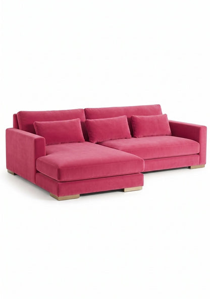 Sillón esquinero Steven tapizado en pana antimanchas color Chicle, sofá en L con chaise longue
