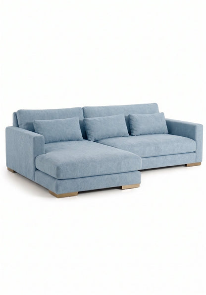 Sillón esquinero Steven tapizado en pana antimanchas color Océano, sofá en L con chaise longue