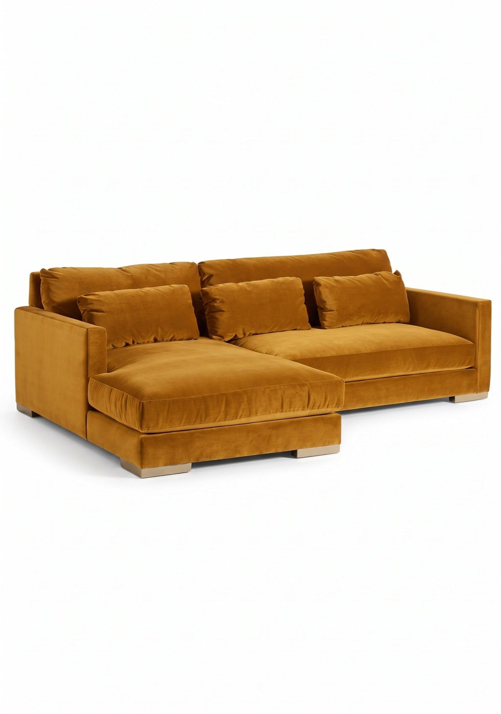 Sillón esquinero Steven tapizado en pana antimanchas color Oro, sofá en L con chaise longue