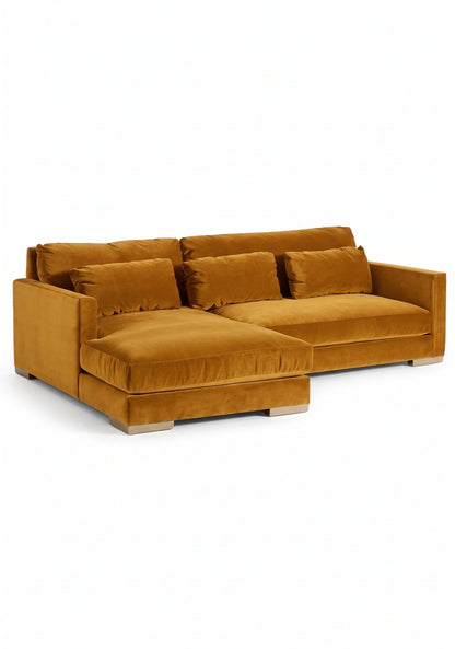 Sillón esquinero Steven tapizado en pana antimanchas color Oro, sofá en L con chaise longue