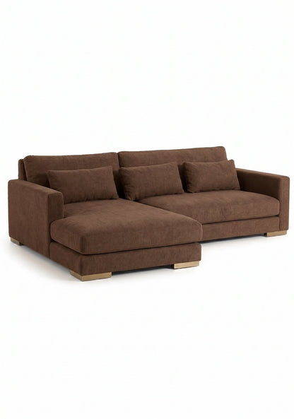 Sillón esquinero Steven tapizado en pana antimanchas color Suela, sofá en L con chaise longue