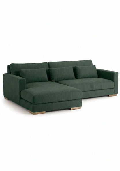 Sillón esquinero Steven tapizado en pana antimanchas color Verde inglés, sofá en L con chaise longue