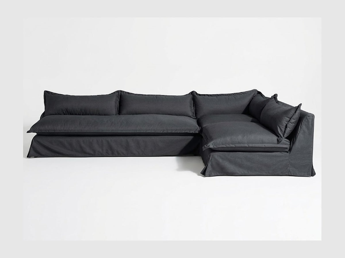 Sillón esquinero Tassa con funda de tussor 100% algodón color Grafito, sofá en L con chaise longue