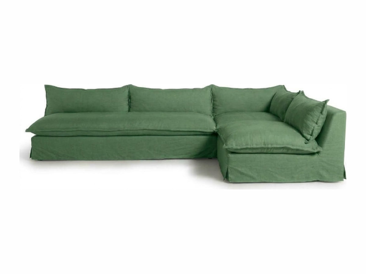 Sillón esquinero Tassa con funda de tussor 100% algodón color Verde, sofá en L con chaise longue
