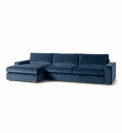 Sillón esquinero Victoria en pana antimanchas Azul, forma en L con chaise, brazos rectos y almohadones grandes